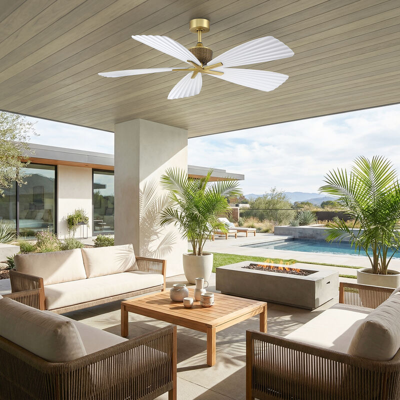 56" Tropical White Pleated Leaf Blades Reversible Ceiling Fan with Remote, No Light image number 3