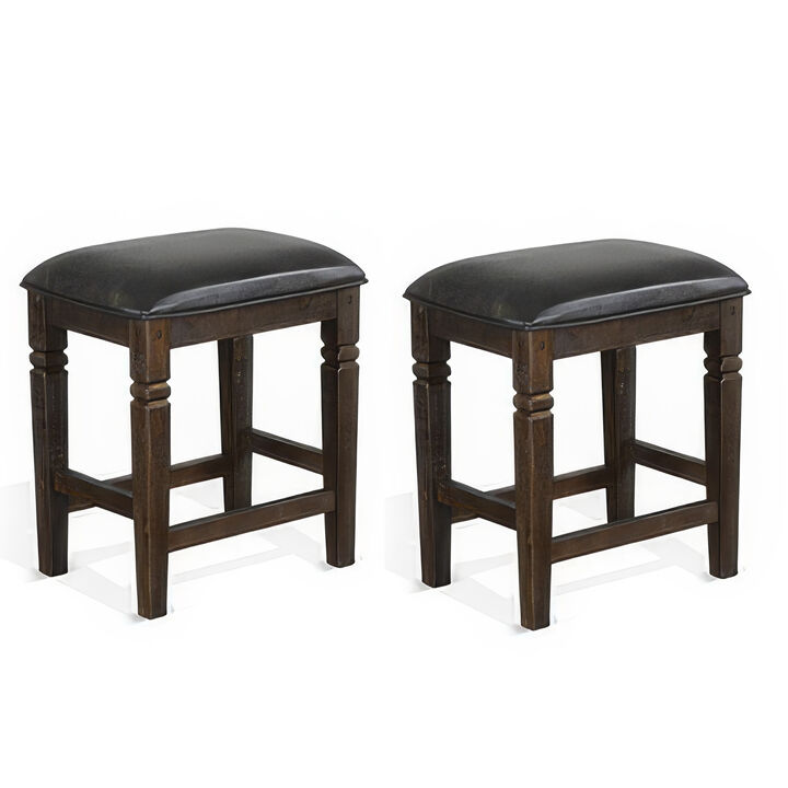 Flint Counter Stool, Set of 2, Black Faux Leather, Dark Brown Mahogany Wood - Benzara