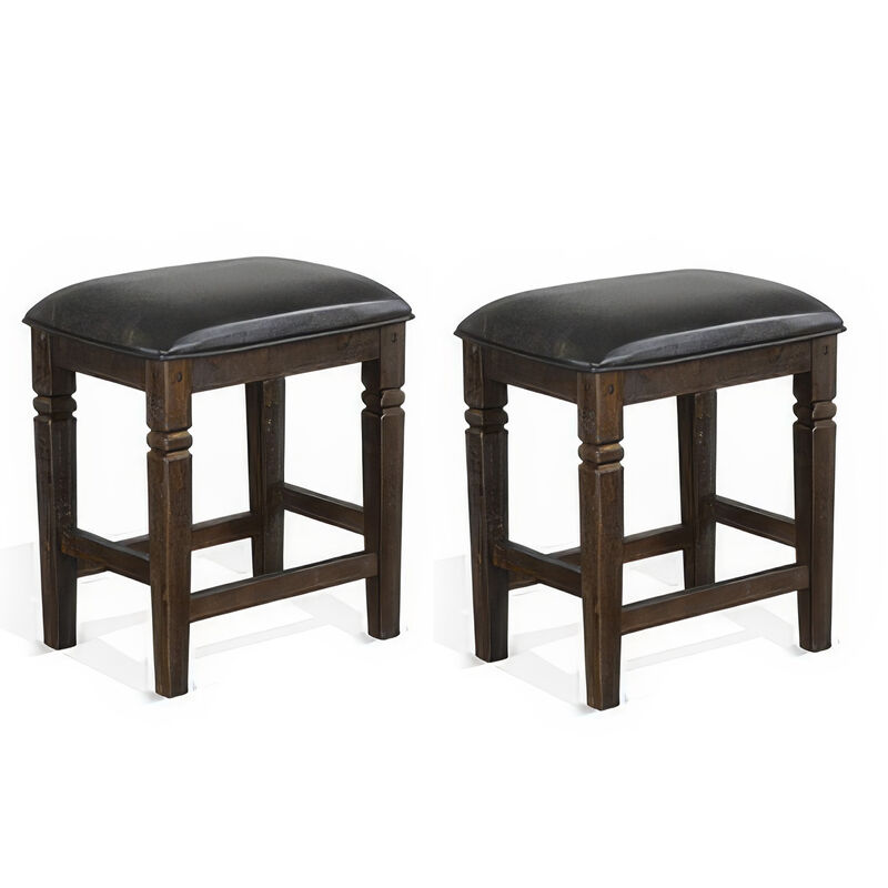 Flint Counter Stool, Set of 2, Black Faux Leather, Dark Brown Mahogany Wood - Benzara