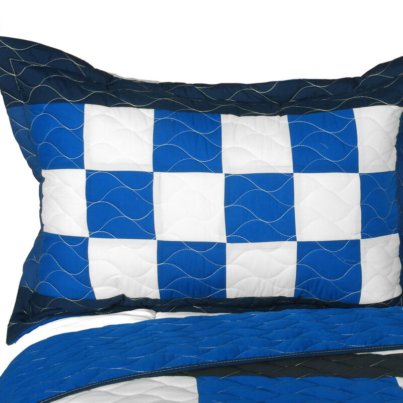Queen Size 3 Piece Plaid Patchwork Quilt Set with Vermicelli Quilting-White image number 2