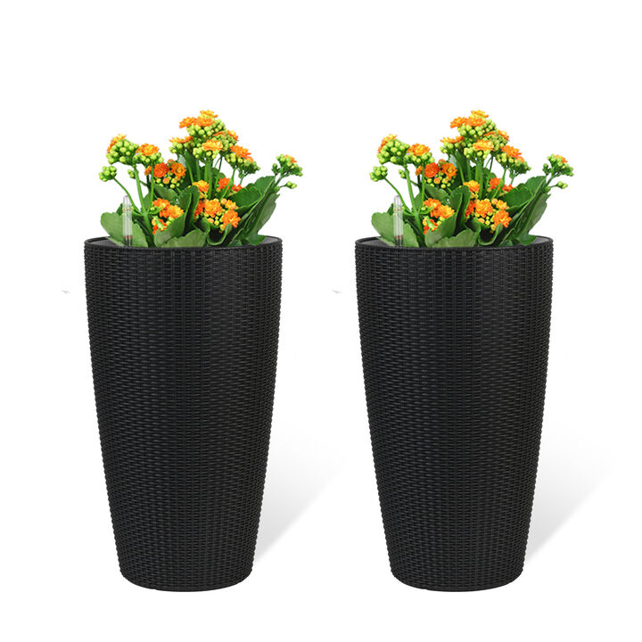 WOW PIONEER Set of 2 Large Faux Rattan Tall Planters for Indoor Outdoor Use with Automatic Watering System Water Level Monitor Inner Bucket for Garden Patio Porch Backyard