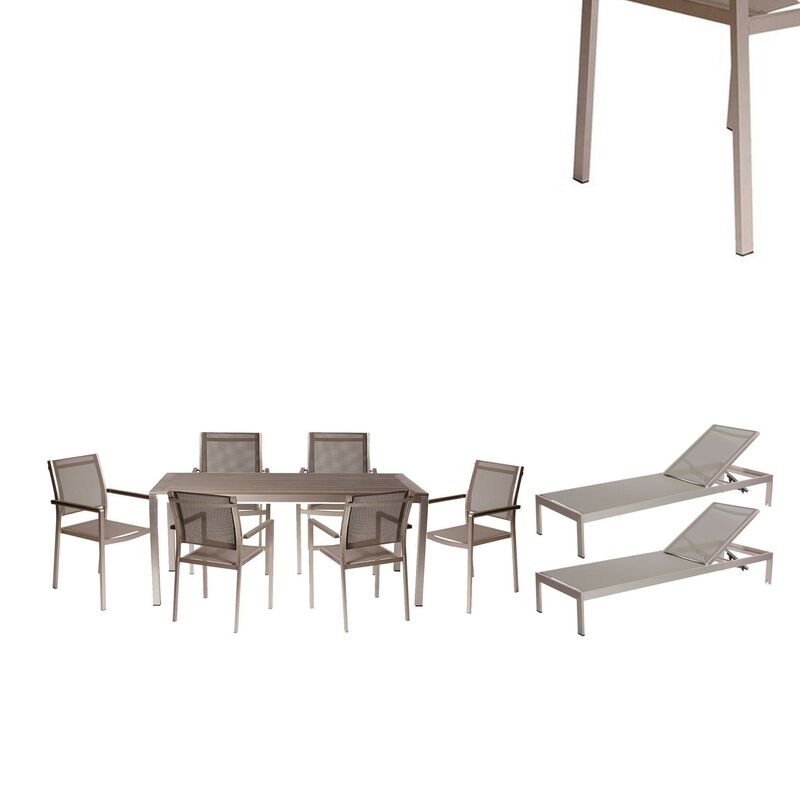 Kris 9 Piece Patio Dining and Lounge Set, Gray Textilene Seating, Aluminum - Benzara