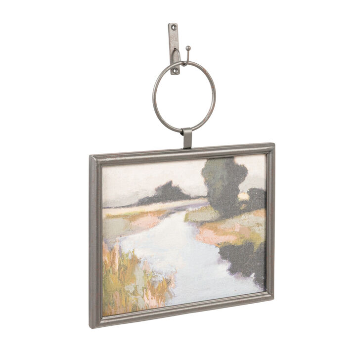 Metal and Wood Framed Landscape Wall Art with Hanging Bracket, Multicolor