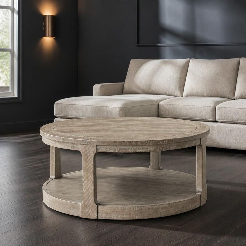 GOODSILO 40 Inch Large 2-Tier Round Wooden Center Coffee Table with Wheels, Rustic Style for Living Room Office Apartment image number 2