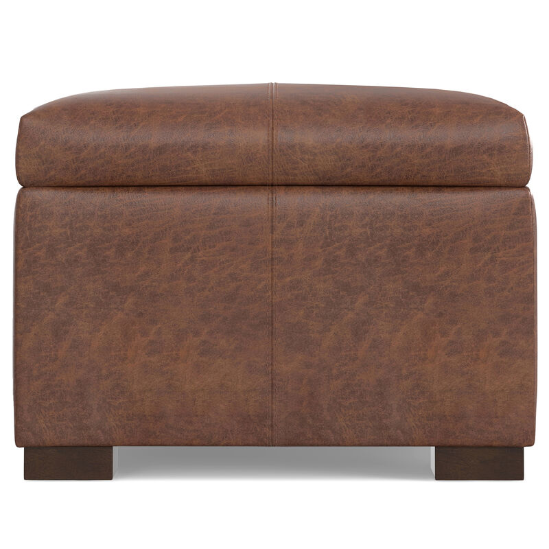 Gabbie 48 inch Wide Contemporary Rectangle Rectangular Storage Ottoman in Distressed Saddle Brown Vegan Faux Leather, Assembled