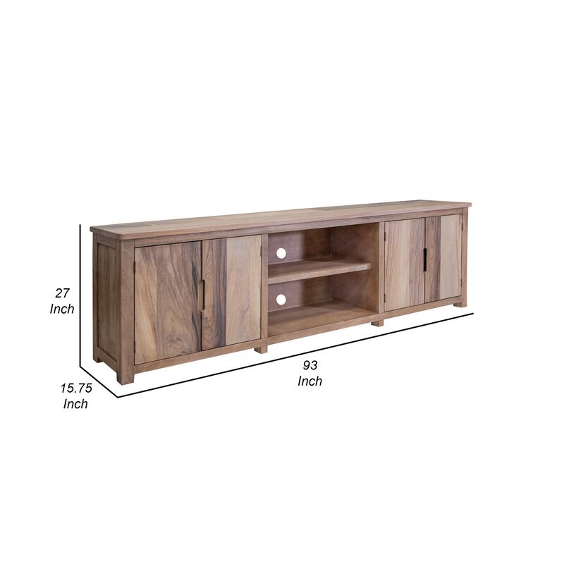 Umey 93 Inch TV Entertainment Console, 3 Shelves, 4 Doors, Brown Wood - Benzara