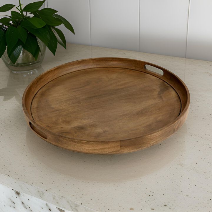 Bera Serving Tray, 24 Inch Round, 2 Handles, Industrial Brown Gray Finish - Benzara