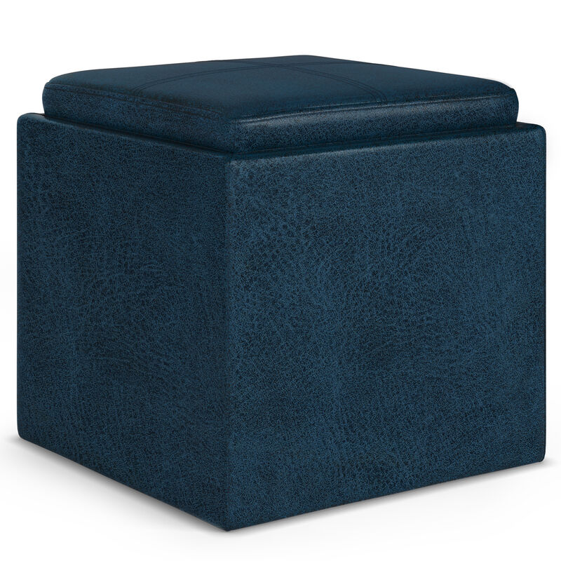 Rockwood 17 inch Wide Contemporary Square Cube Storage Ottoman with Tray in Distressed Dark Blue Vegan Faux Leather, Assembled image number 0