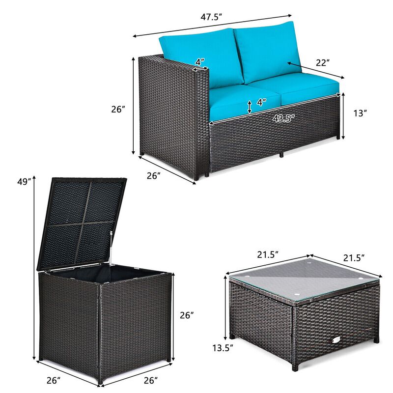 4 Pieces Outdoor Patio Rattan Furniture Set with Cushioned Loveseat and Storage Box image number 4