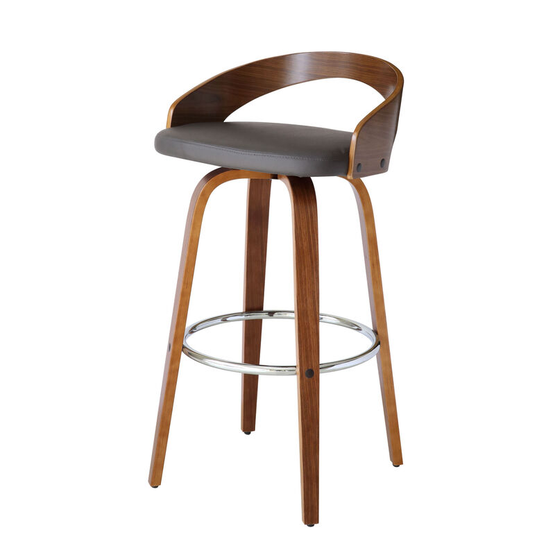 Hivvago 30 Inch Gray and Brown Faux Leather and Iron Low Back Bar Height Swivel Bar Chair