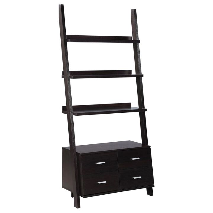 Quirky Ladder Bookcase With 4 Storage Drawers And Open Shelves, Cappuccino