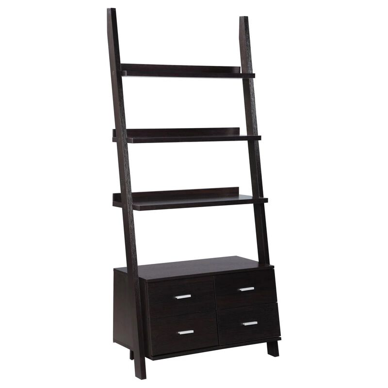 Quirky Ladder Bookcase With 4 Storage Drawers And Open Shelves, Cappuccino