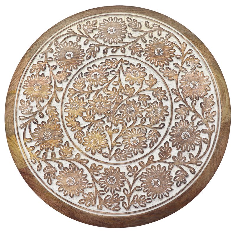 Intricately Carved Round Top Mango Wood Side End Table with Pedestal Base, Brown and White image number 3