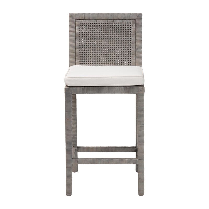 bali & pari Sofia Rattan Counter Stool with Mahogany Wood Frame - Handwoven Wicker Counter Height Chair with Cushion, Coastal Boho Style Kitchen Island Seating, French Grey