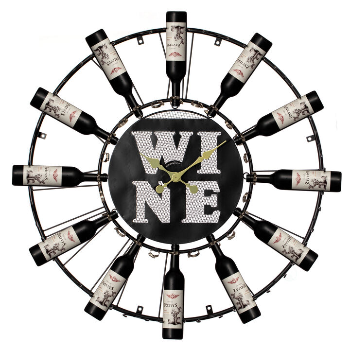 Vintiquewise Large Clock Wall-Mount Metal Wine Shelf – 24-Bottle Rack with Mesh Cork Basket and LED Light – Elegant Wine Display for Living Room, Kitchen, Dining Room, Home Bar, or Wine Cellar