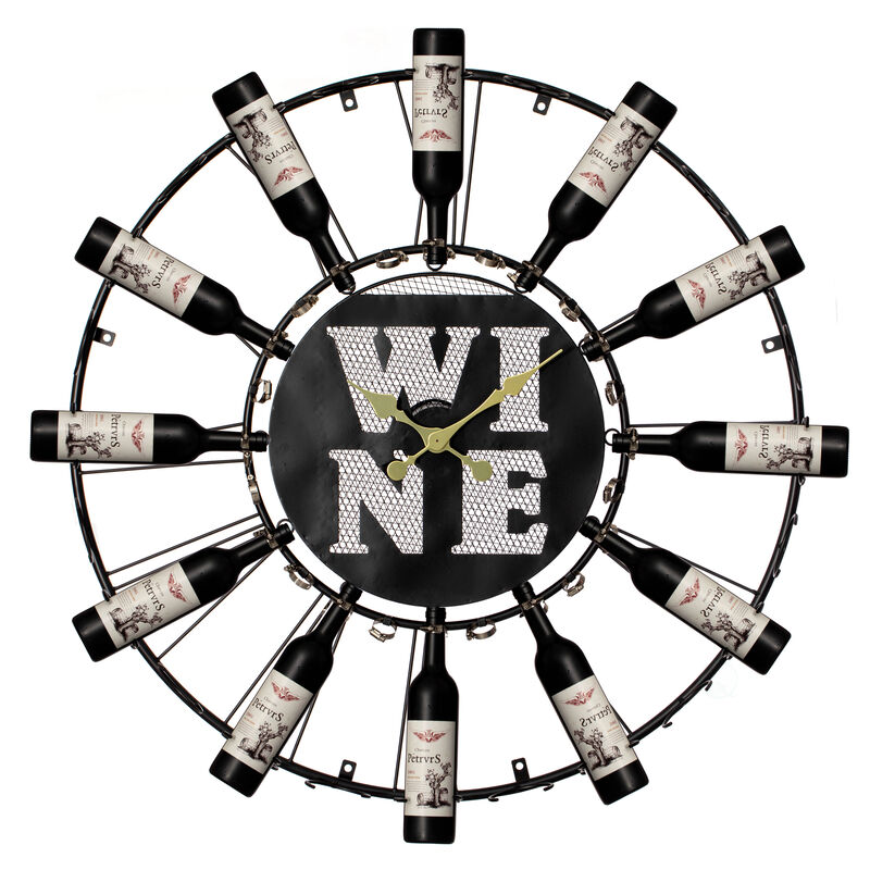 Vintiquewise Large Clock Wall-Mount Metal Wine Shelf – 24-Bottle Rack with Mesh Cork Basket and LED Light – Elegant Wine Display for Living Room, Kitchen, Dining Room, Home Bar, or Wine Cellar