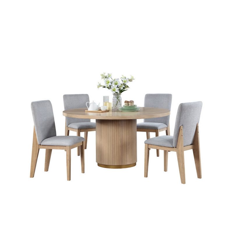 Emi 5 Piece Dining Table and Chairs Set, Round, Pedestal Base, Oak Brown - Benzara