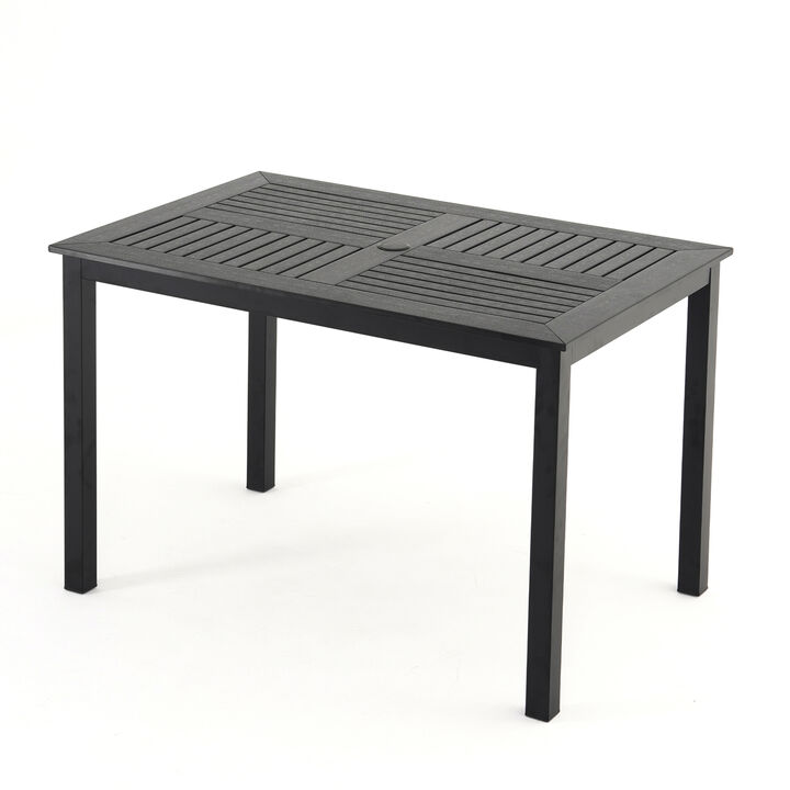 High-Density Plastic Wood Outdoor Table, Waterproof Slatted Top with Umbrella Hole, Rust-Proof Metal Frame