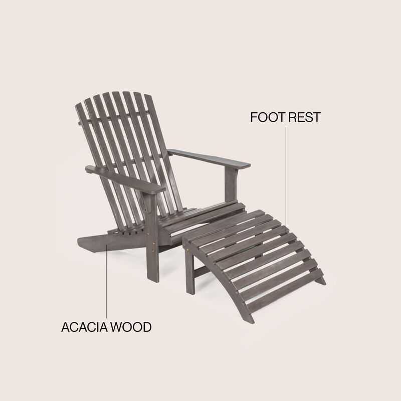 Saranac 2-Piece Traditional Rustic Acacia Wood Adirondack Chair with Detachable Ottoman