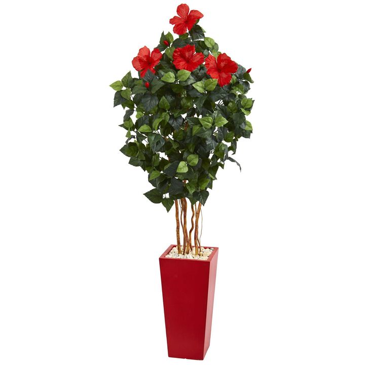 Nearly Natural 5.5-in Hibiscus Artificial Tree in Red Tower Planter
