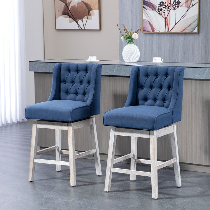Swivel Bar Stools Set of 2, 27" Counter Height Stools with Linen Upholstery and Button Tufted Design for Kitchen