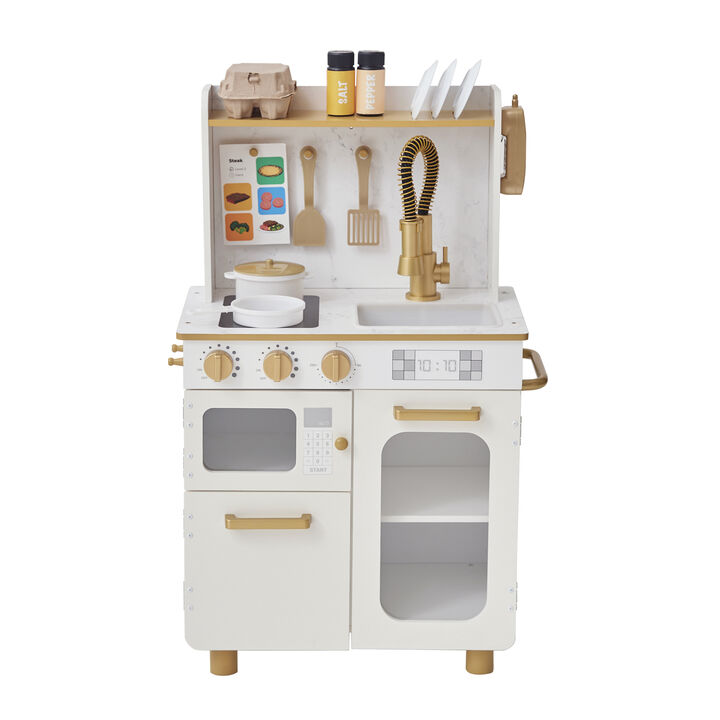 Teamson Kids Little Chef Memphis Play Kitchen + 16 Accessories and Interactive Toy Appliances, White/Gold