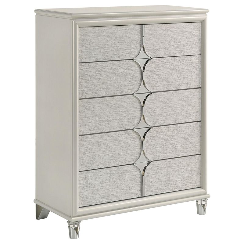 Ory Tall Dresser Chest w 5 Drawers, Chrome Star Handle, Pearl Ivory - Benzara