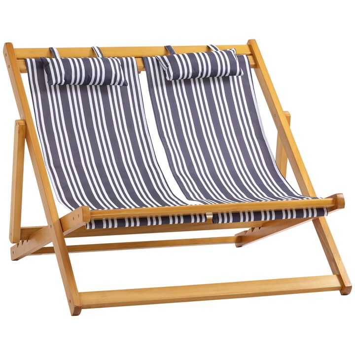 2-Person Double Patio Chaise Lounge Chair, Reclining Lounger, Folding Beach Chair with Adjustable Backrest for Beach and Poolside, Teak