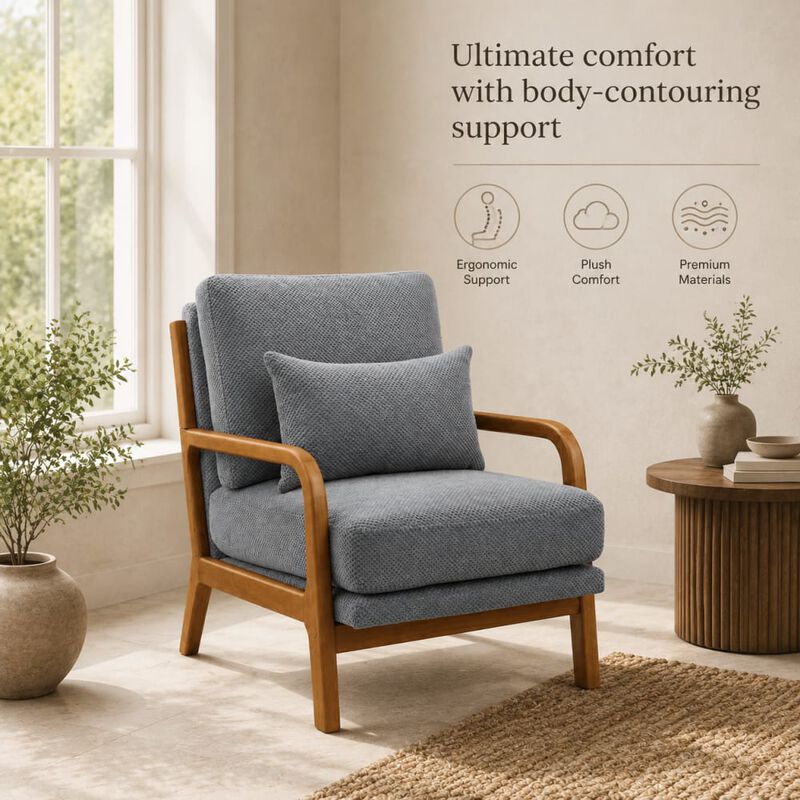 GOODSILO Mid-Century Modern Wooden Lounge Chair with Nubby Upholstery, High-Density Foam Cushion for Home and Office Use image number 4