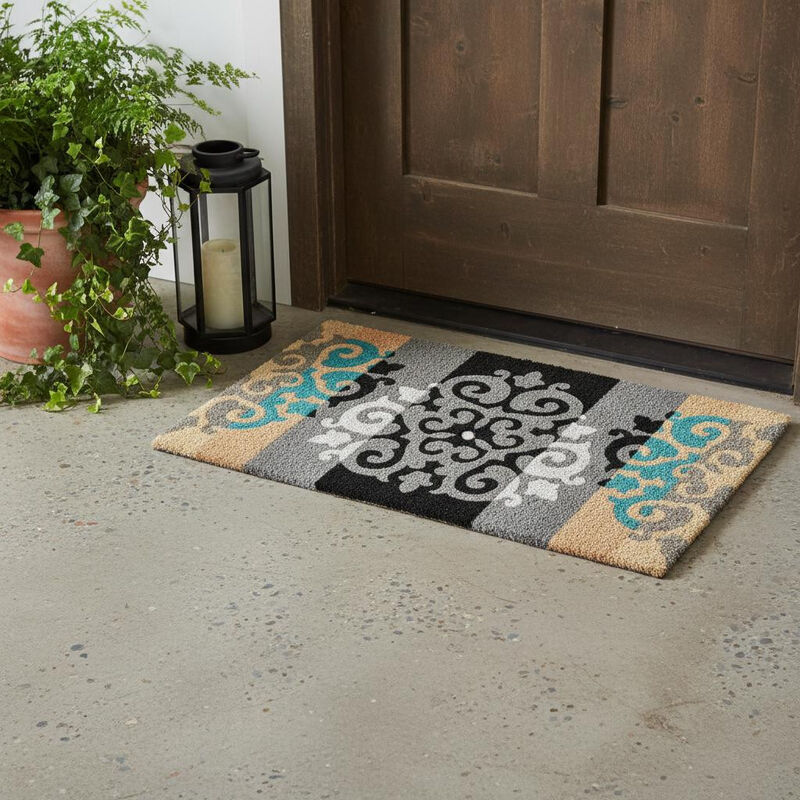 HomeRoots 18" X 30" Beige and White Coir Damask Outdoor Door Mat image number 1