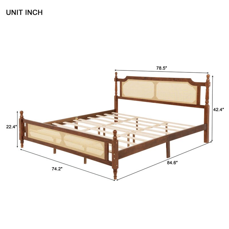 Whisen King Pine Wooden Bed with Rattan Headboard and Footboard, with Central Enhanced Bed Platform image number 9