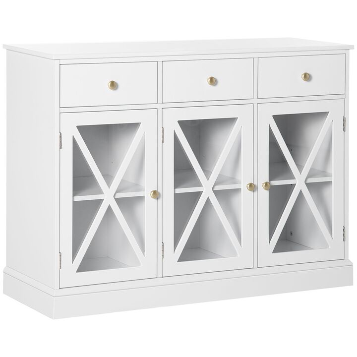 White Farmhouse Buffet: Modern Sideboard with Bronze Handle, Glass Barn Door, 3 Drawers