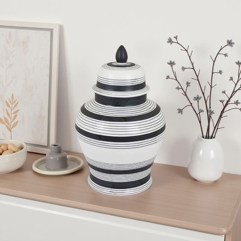 Decorative Jar w Lid, Minimalist Contrast, White Blue Lines, 16 Inch - Benzara