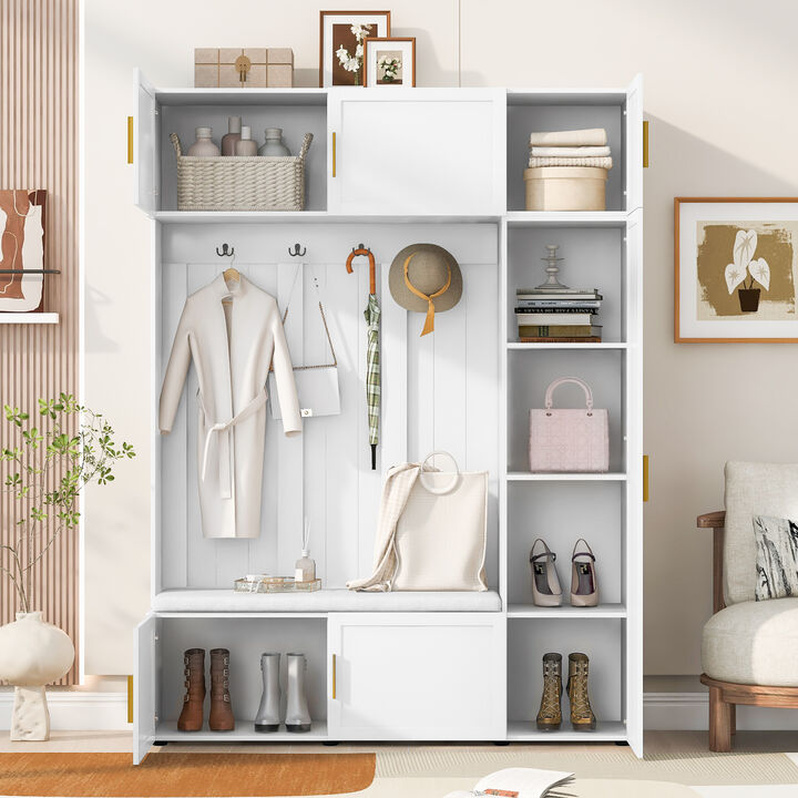 Merax Entryway Hall Tree with Cushioned Seating Bench, 4 Decorative Hooks & Tiered Shelves