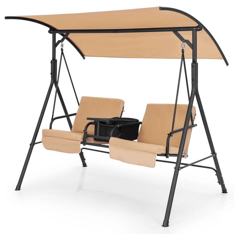 Mondawe 2-Person Canopy Metal Porch Swing Padded Chair with Cooler Bag Rotatable Tray