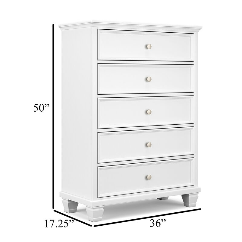 Heno Tall Dresser Chest, 5 Storage Drawers w Nickel Round Knobs, White - Benzara