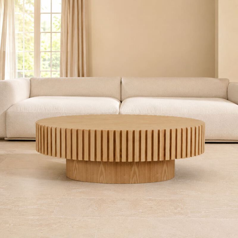 GOODSILO Modern Elliptical Drum Coffee Table with Sturdy Pedestal Base, 43.7 Inch Space Saving Oval Accent Table for Living Room and Bedroom Use image number 3