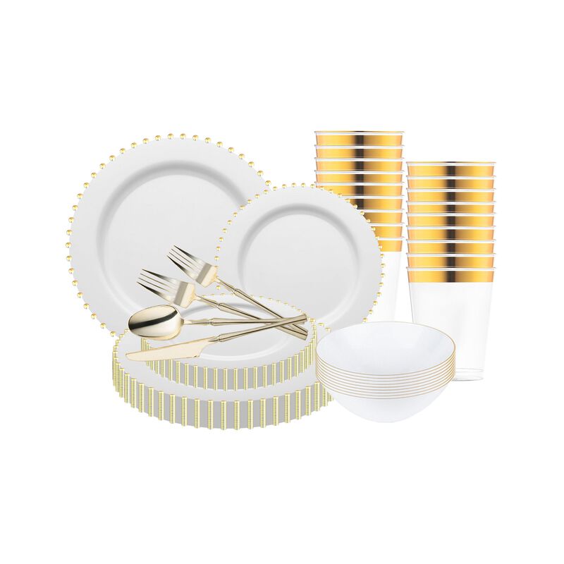 White with Gold Pearl String Round Plastic Tableware Set (120 Sets) image number 2