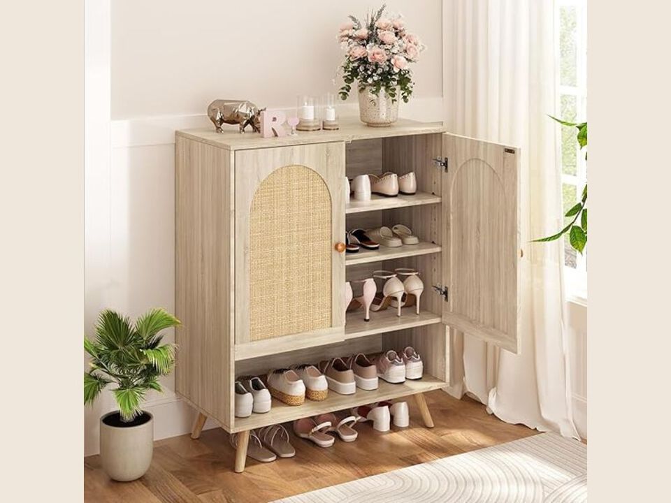 Entryway Wood Shoe Storage Cabinet Adjustable Shelves Oak Rattan