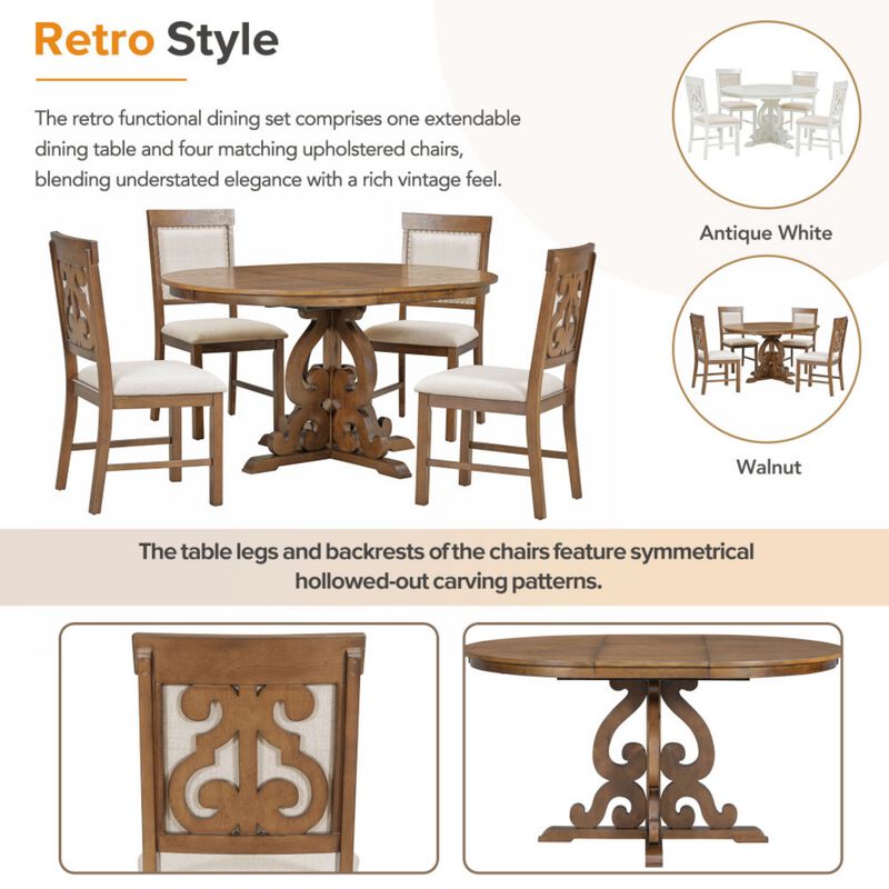 Lupoxt 5‑Piece Retro Extendable Round Pedestal Dining Set image number 3