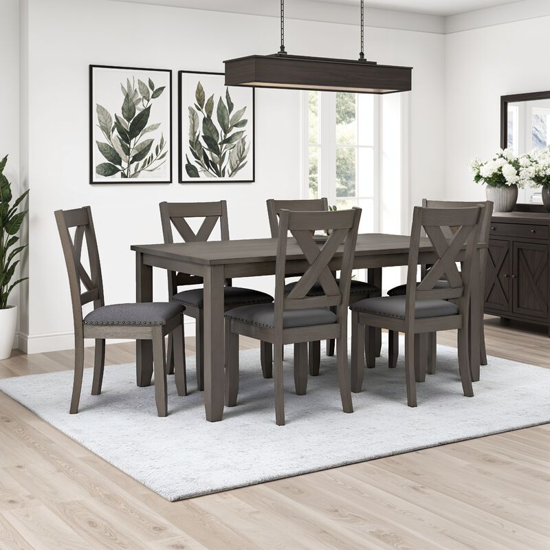 7 Piece Dining Table Set with 6 X-Back Chairs | Weathered Gray Wood | Padded Seats - Benzara