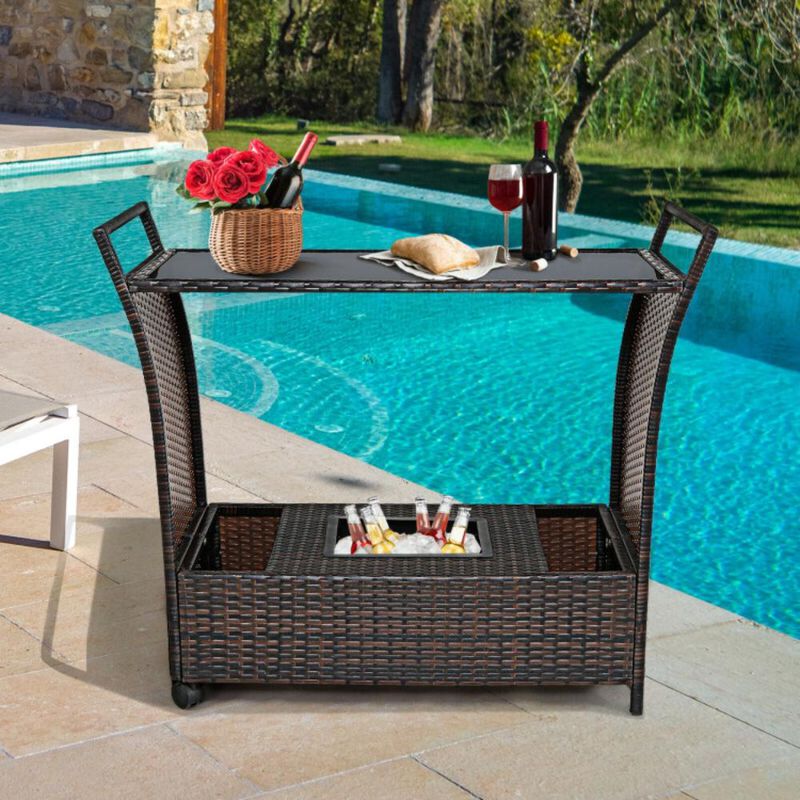 Hivvago Patio Rattan Bar Serving Cart with Glass Top and Handle
