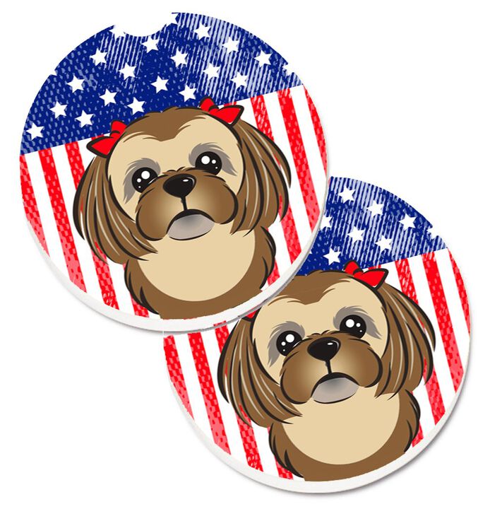 Caroline's Treasures American Flag & Chocolate Brown Shih Tzu Set of 2 Cup Holder Car Coasters BB2179CARC, 2.56, Multicolor