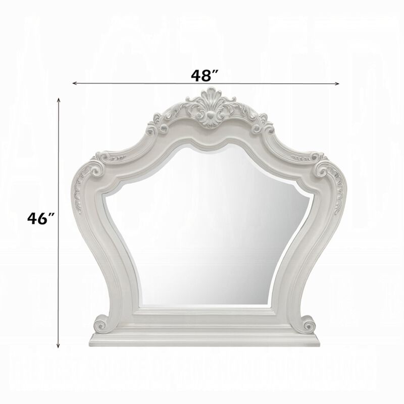 Maver Dresser Mirror, 46x48, Beveled Edges, White Ornate Carved Wood