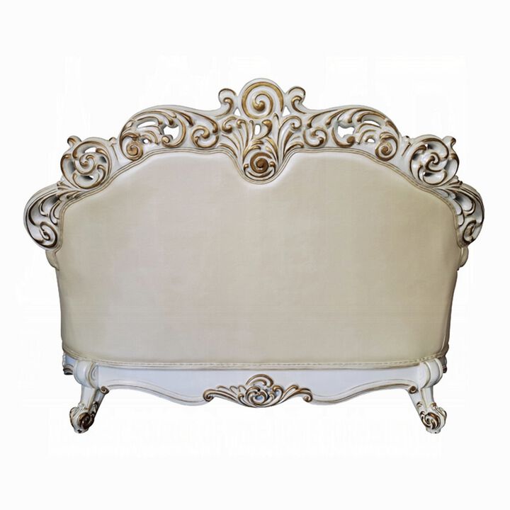 Antoine Loveseat, Carved, Champagne Faux Leather, Pearl White 70 Inch - Benzara - Benzara