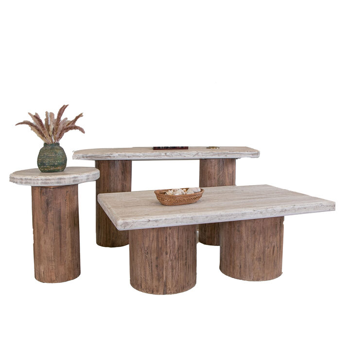 Kohl 26 Inch Side End Table, Brown Mango Wood, Drum Base, Cream Floated Top