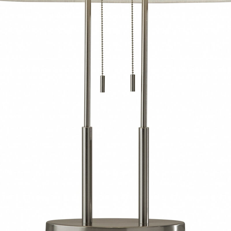 HomeRoots 27" Silver Metal Two Light Bedside Lamp With Off White Drum Shade image number 3