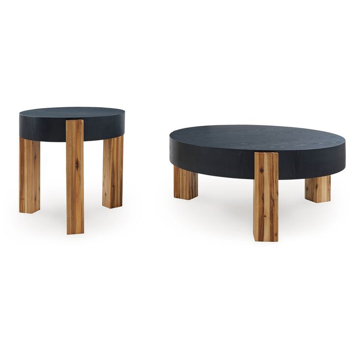 Moy 2pc Coffee and End Table Set, Round Black Textured Top, Solid Wood