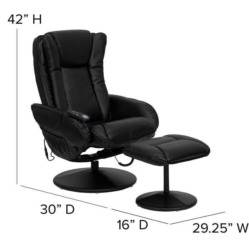 Flash Furniture Poppy Massaging Multi-Position Plush Recliner with Side Pocket and Ottoman in Black LeatherSoft