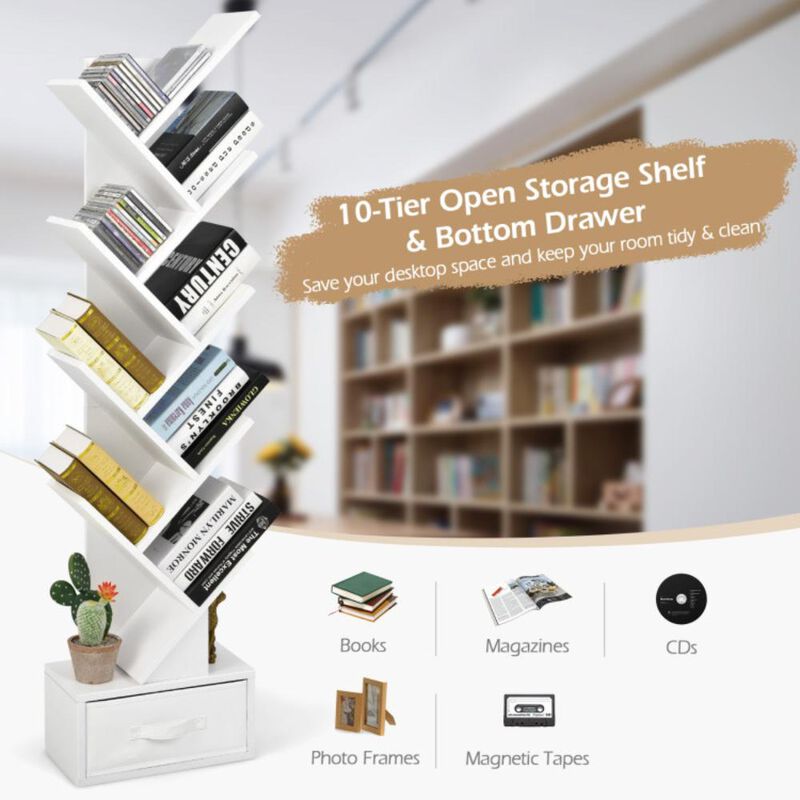 Hivvago 10-Tier Bookshelf with Drawer Free-standing Storage Bookcase